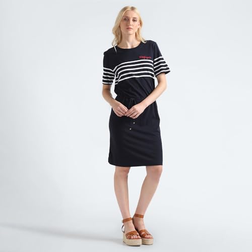 Tommy Hilfiger Cotton Navy Striped Round Neck Short Sleeves Women T-Shirt Dress (L)