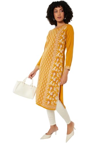 Max Women Knit Straight Winter Kurta (Yellow_XL)