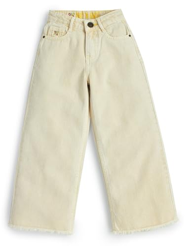 Knit N Knot Girl's Kids Beige Cream Wide Leg Flared Fit Relaxed Loose Colour High Rise Frayed Bottom Jeans | Regular Casual Festival Occassional Wear | Non Stretch | Adjustable Waist, 9-10 Years