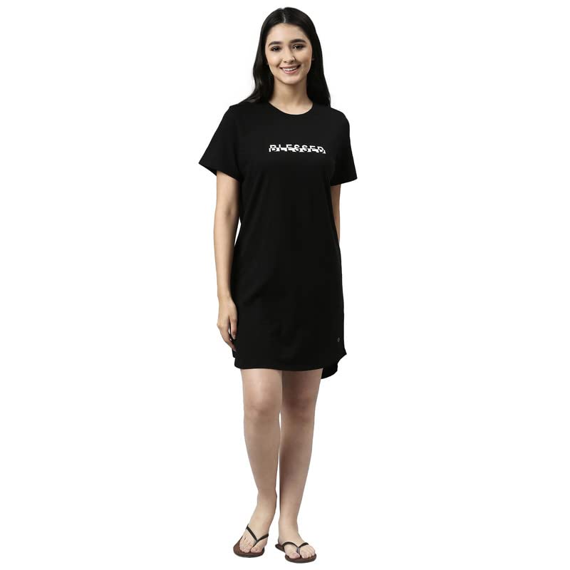 Enamor Essentials Short Sleeve Round Neck Relaxed Fit Cotton Mini Lounge Dress for Womens-E802 (E802_Jet Black/Blessed Graphic_XL)