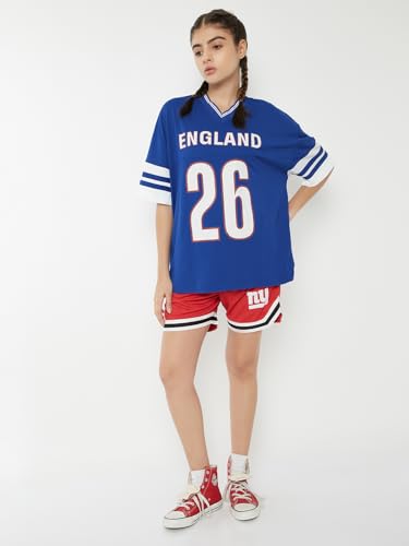 Max Women Printed Oversized Sports T-Shirt (Blue_S)