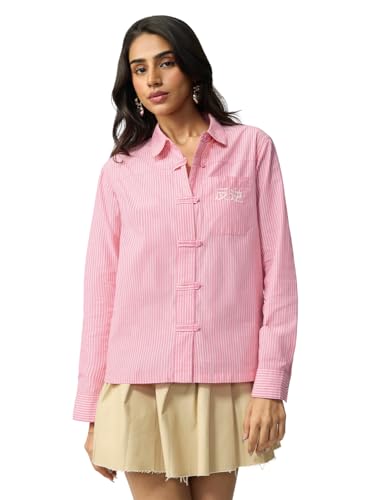The Souled Store Sakura Dust: Women and Girls Full Sleeves Collared Light Pink Striped Cotton Regular Fit Embroidered Pocket Lightweight Comfortable Winter Shirt