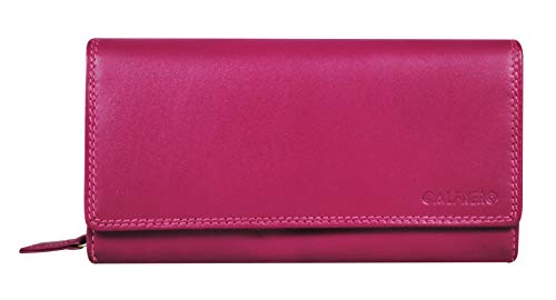 Calfnero Women's Genuine Leather Wallet-Long Purse Wallet with Multiple Card Slots, Zip Pocket and Note Compartment (Pink)