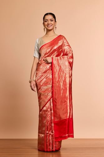 Taneira Women Red Pure Silk Cutwork Banaras Saree with Unstitched Blouse Piece (SAPH04AC5869-Red)