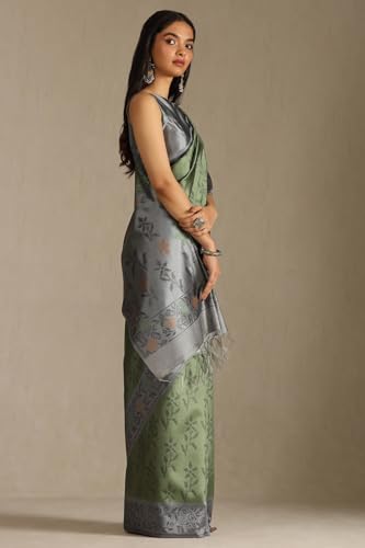Soch Womens Olive Tussar Floral Print Saree