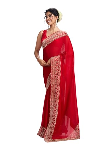 MOHEY Women's Organza Stone Work Saree with Blouse Piece(Red)