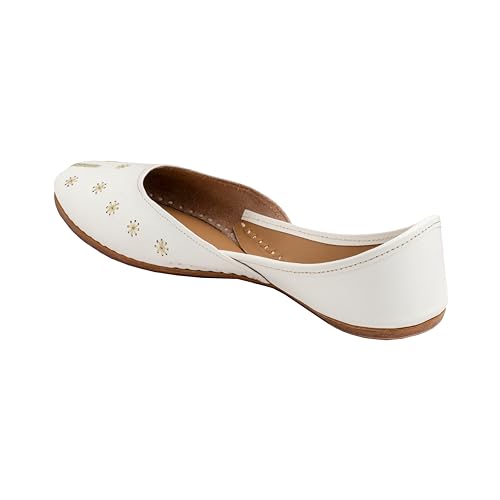 KORAKARI Women's Genuine Leather Traditional Ethnic Vanilla Handmade Punjabi Jutti, Leather Flat Comfortable Mojaris for Girls (Size: UK6, White)