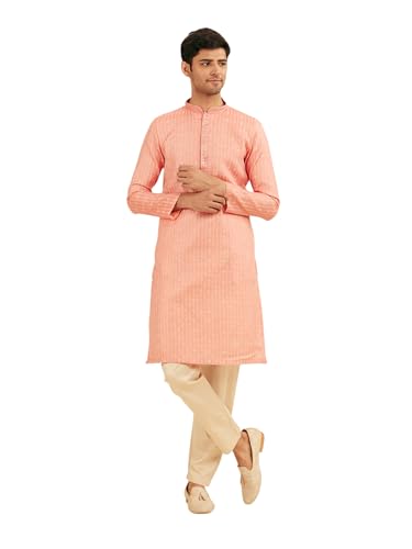 Manyavar Men's Art Silk Sequined Placket Printed Festive Kurta Set (Peach,XXXL)