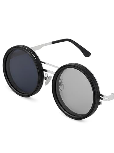 Vibe lens by HASHTAG EYEWEAR | 1-9 Gear Adjustable Tint Sunglasses | Polarized Round UV400 Goggles for Men | Metal Frame | Manually Dimmable | Beach | Driving | Fishing