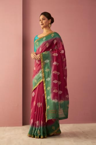 Taneira Pink Pure Silk Cotton Embroidered SareeWith Unstitched Blouse(SMABVAPSC0101-Pink)