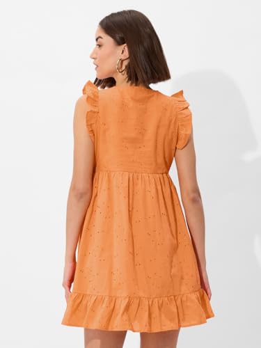 The Souled Store Cutwork Dress: Orange Women and Girls V Neck Sleeveless Cotton Mini Dresses