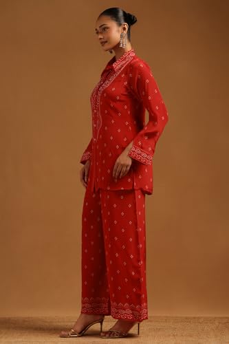 Soch Womens Red Crepe Bandhani Co-Ords Set With Beads