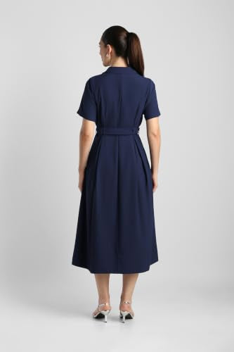 Women Navy Solid Calf Length Formal Dress
