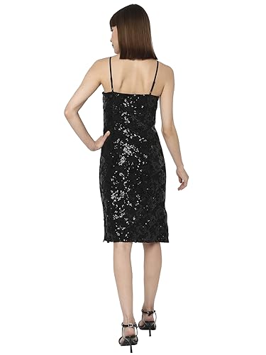 VERO MODA Women Sequence Polyester Knee Length Black Shift Dress