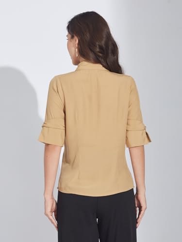 Latin Quarters Women's Beige Half Sleeves Collared Solid Casual Shirt_L