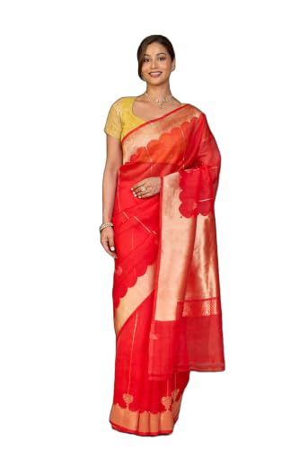 Taneira Red Pure Silk Organza Kadwa Banarasi SareeWith Unstitched Blouse(SAIH02AD6178-Red)