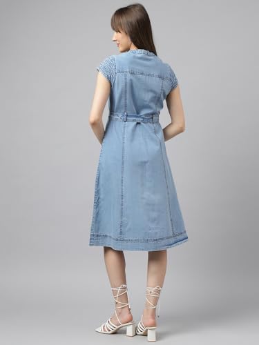 Latin Quarters Women Blue Cap Sleeve Casual Solid Dress_L