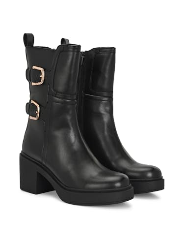 Delize Black Women calf high platform boots-66292-41