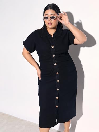 Sassafras Curve Women Black Blast Denim Front Ruching Bodycon Dress-6XL