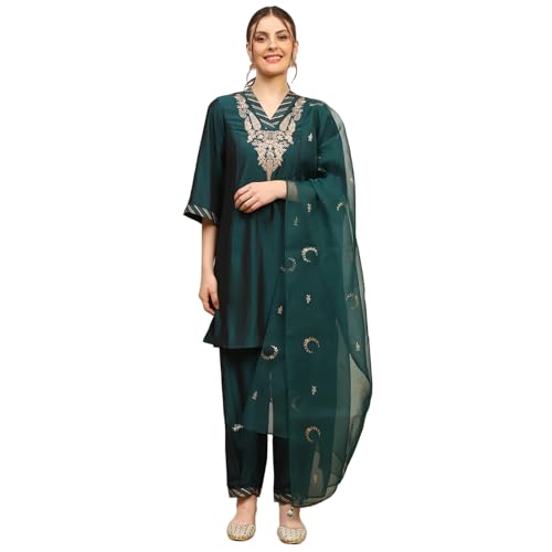 Rangriti Women Deep Green Polyester Blend Embroidered A-Line Kurta Set_36