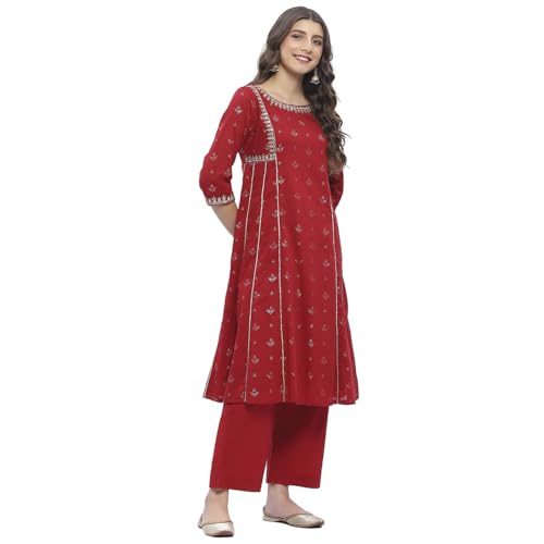 Biba Women Red Cotton Foil Printed Kalidar Suit Set_44