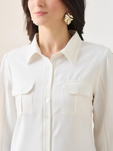 Latin Quarters Women White Solid 3/4th Sleeves Collar Neck Casual Shirt_XL
