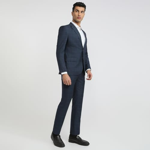Park Avenue Men Slim Fit Solid Pattern Terry Rayon Blend Notch Lapel Full Sleeve Formal Suit Blue