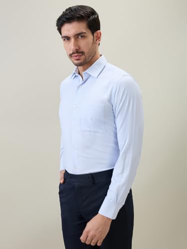 Raymond Men Contemporary Fit Structure Pattern Bamboo Polyester Blend Semi Cutaway Collar Full Sleeve Formal Shirt Blue