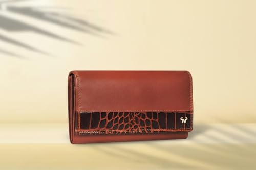Calfnero Women's Genuine Leather Wallet-Long Purse Wallet with Multiple Card Slots, Zip Pocket and Note Compartment (Cognac)