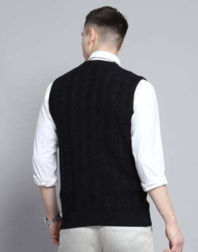 Monte Carlo Mens Self Design Black V Neck Sleeveless Cardigan_1243147SC-901