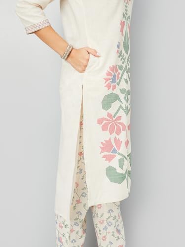 Max Women Floral Print Straight Kurta Set (Off White_XL)