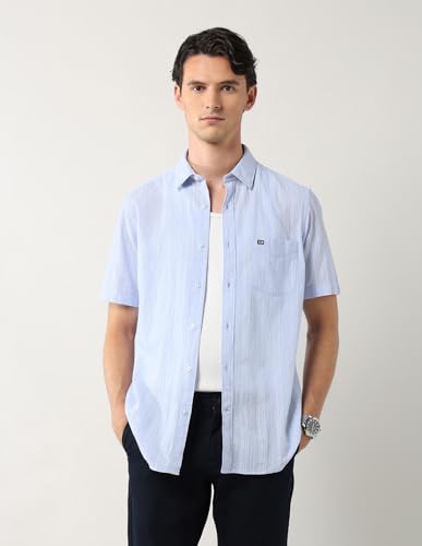 Arrow Sports Men's Vertical Striped Pure Cotton Shirt Blue