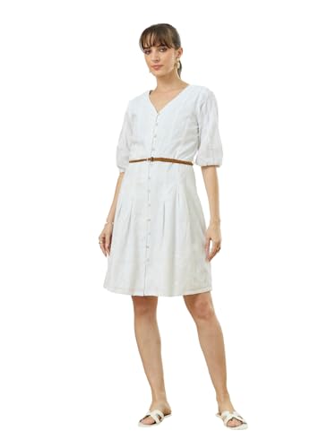 Latin Quarters Women's White Half Sleeves V-Neck Casual Embroidery Dress_S