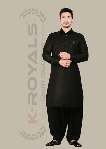 K-ROYALS Afghani Style Men'S Solid Pathani Suit/Luxury Fabric Kurta Pyjama Set (Black, XXX-Large)