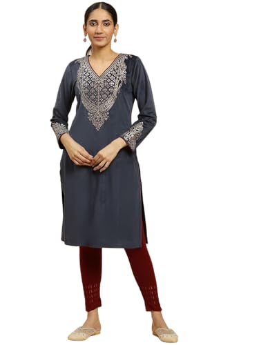 W for Woman Blue Embroidered Flared Velvet Kurta (Size: S)-24NOW10358-220778