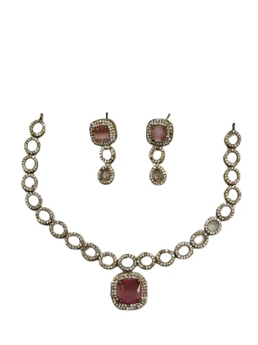 Jewellery Bazaar Rose Pink Gold Plated American Diamond Necklace Earring Jewellery Set for Women Party Bridal Wear