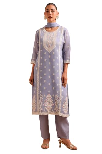 Soch Womens Blue Chanderi Botanical Embroidered Chikankari Embroidery Salwar Suit