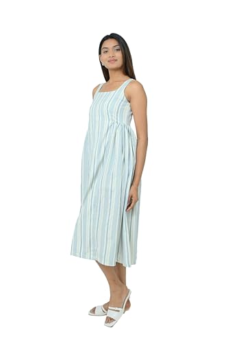 WE WORTH Women’s Striped Sleeveless Midi Dress | Square Neck Fit & Flare Casual Summer Dress for Girls (in, Alpha, M) White