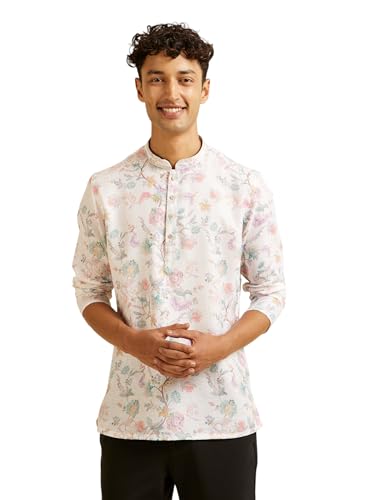 Manyavar Men's Cotton Blend Printed Short Kurta (Warm White,L)