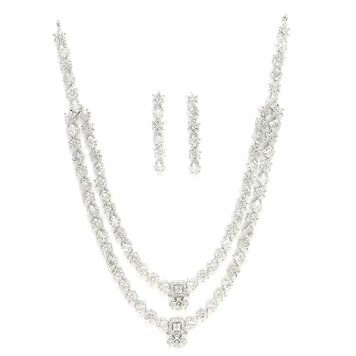 ZENEME Rhodium-Plated American Diamond Studded Star Shaped Layered Necklace With Earrings Jewellery Set For Girls and Women (White)