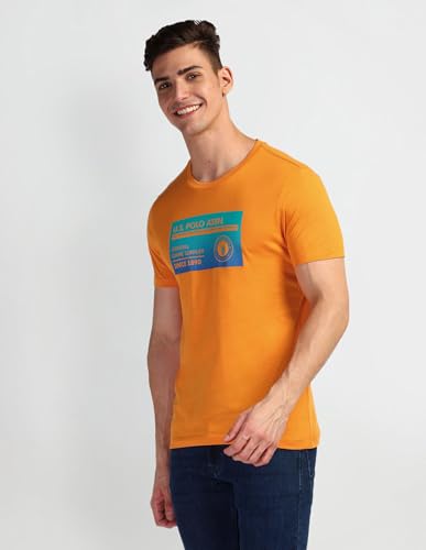 U.S. POLO ASSN. Mens Solid Half Sleeve Graphic Round Neck T-Shirts (UDTSHS0879_Orange_M)