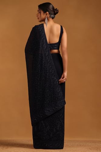 Soch Womens Navy Blue Georgette Botanical Saree With Stone Work