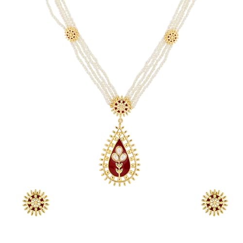 VOYLLA Gota Patti Surya Moti Haar Necklace Set For Women, Gold Jewellery Set, Gift For Women & Girls, Enamelled Jewellery, Festive, Puja, Wedding, Gifting
