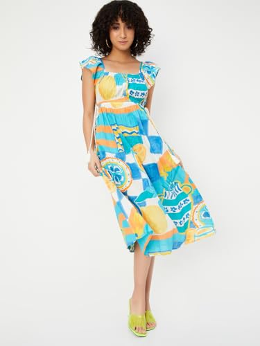 Max Kalki x Max Women Printed Tie-Up Waist A-line Dress(Multicolour_S)
