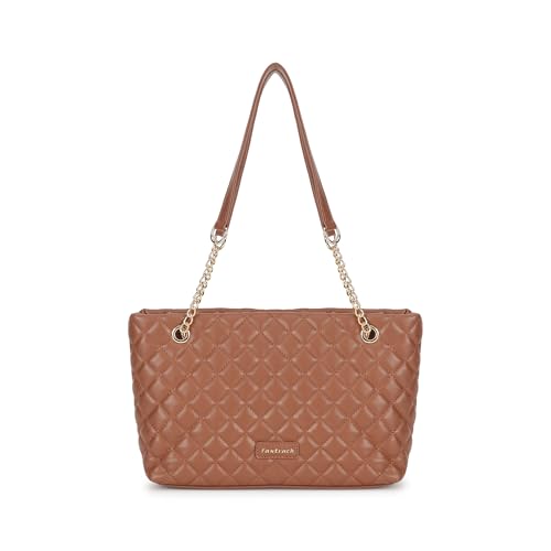 Fastrack QuiltPlay Tan Shoulder Bag | Quilted Faux-Leather Women’s Handbag Bag with Metal Accent Strap & Zipper Closure
