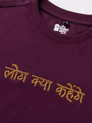The Souled Store Casual Classics: Log Kya Kahenge Women and Girls Short Sleeves Round Neck Plum Embroidered Cotton Relaxed Fit Breathable Comfortable Everyday Casual T-Shirts
