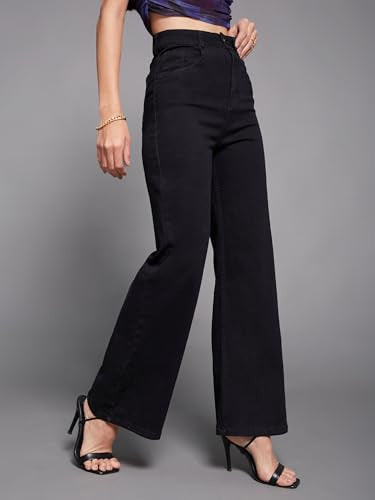Miss Chase Women's Wide Leg High Rise Clean Look Regular-Length Stretchable Denim Jeans (MCSS24DEN79-02-593-26, Noir Black, 26)