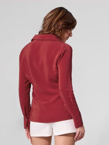 The Souled Store Side Rouching Shirt: Red Women and Girls Long Sleeves Collared Neck Button Front Slim Fit Viscose Shirts