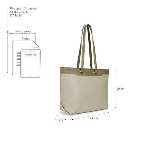 Fastrack Terra Olive Laptop Tote Bag | Faux Leather Tote with 14 Inch Laptop Sleeve | Spacious Zip Closure Handbag with Organizer Pocket & Dual Handles