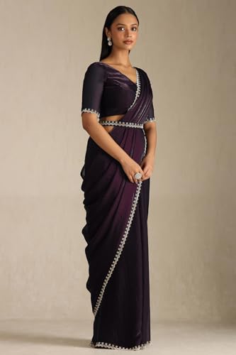Soch Womens Wine Organza Saree With Stone Work